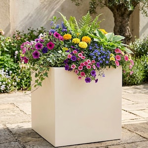 May include: A large, square, off-white planter filled with a vibrant arrangement of colourful flowers, including purple, pink, and yellow blossoms, alongside green fern fronds and trailing ivy leaves, creating a dense and lush botanical display.