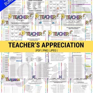 May include: A colorful digital print bundle for Teacher's Appreciation, featuring various games and activities. The design includes rainbow accents, light bulbs, and the text "Teacher's Appreciation." The bundle is available in PDF, PNG, and JPEG formats.