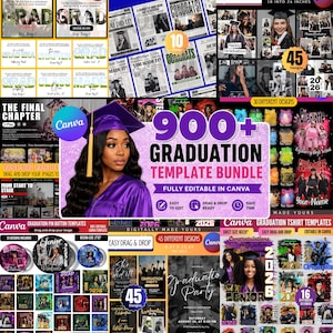 Puede incluir: Un paquete de plantillas digitales para graduación, con más de 900 diseños. Incluye plantillas para marcos, diseños de periódicos, collages de fotos, botones de alfiler y camisetas. La imagen muestra a una mujer con toga y birrete.