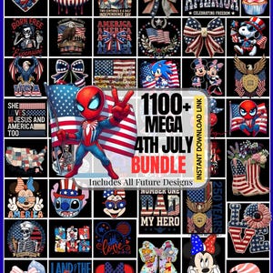Pode incluir: Um pacote de download digital com designs patrióticos para o 4 de julho. A coleção inclui imagens da bandeira americana, personagens de desenhos animados, laços e texto como "America" e "Born Free". O pacote inclui mais de 1100 designs.