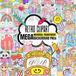 May include: A collection of retro-style clipart images featuring school supplies, food, and other cute illustrations. Includes a school bus, camera, rainbow, and the text "Retro Clipart Mega Background PNGs". The color palette is pastel with a light blue background.