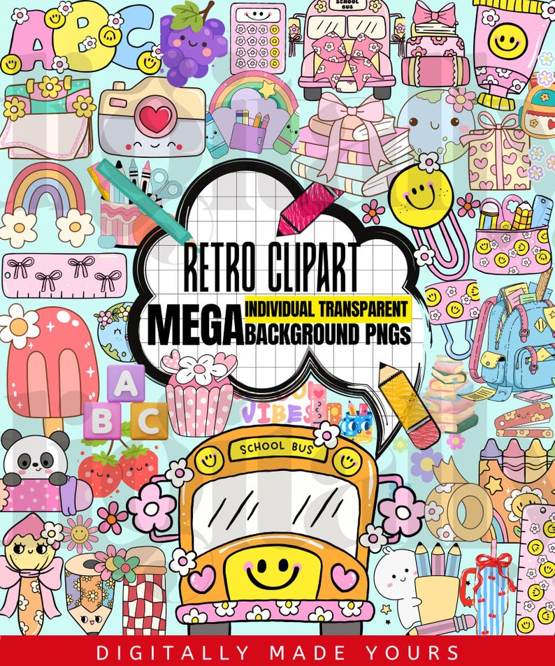 May include: A collection of retro-style clipart images featuring school supplies, food, and other cute illustrations. Includes a school bus, camera, rainbow, and the text "Retro Clipart Mega Background PNGs". The color palette is pastel with a light blue background.