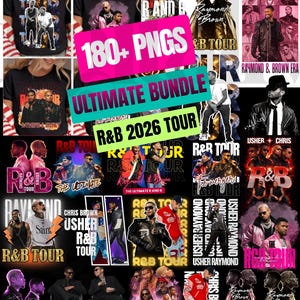 May include: A collection of digital graphics featuring R&B artists and tour designs. The images include text such as "R&B Tour," "Usher," and "Chris Brown," along with the phrase "Ultimate Bundle" and "180+ PNGs."