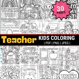 May include: A black and white digital coloring book for kids with teacher-themed illustrations. The cover features various designs, including "Happy Teacher's Day" and "Thank You" messages, with the text "30 PAGES" in a pink starburst.