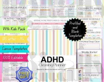 ADHD Cleaning Planner Bundle: Editable Busy mom 250+ Pages Cleaning Schedule,Declutter Checklist,Family Chore Charts,Unfilled & Fillable PDF