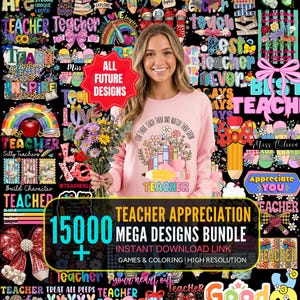 Op de afbeelding: Een vrouw met bloemen staat voor een zwarte achtergrond vol kleurrijke graphics met een thema voor leraren. De vrouw draagt een roze sweatshirt met een bloemen- en potloodontwerp. Een banner luidt "Teacher Appreciation Mega Designs Bundle".