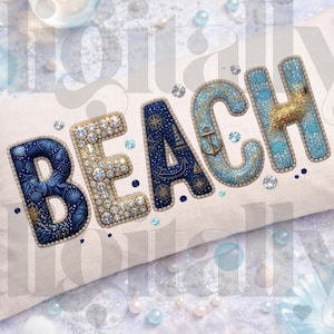 PNG de verano playero, diseño preppy costero de patchwork, gráfico de conchas marinas con olas de perlas, sublimación estética para camisetas de playa, descarga digital