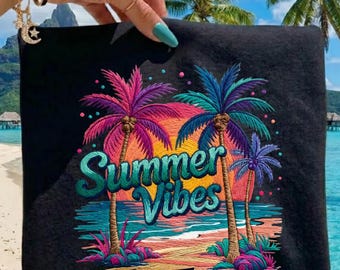 Summer Vibes PNG – Faux Yarn Retro Palm Tree Beach Clipart, Vibrant Tropical Sunset Sublimation Design for Summer Shirts