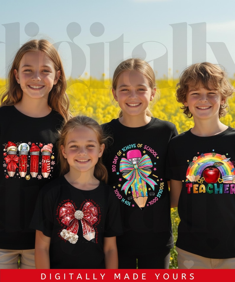 May include: Four children wearing black t-shirts with colorful school-themed designs. The designs include pencils, bows, and the word "Teacher" with a rainbow. The background is a field of yellow flowers.