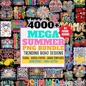Op de afbeelding: Een levendige digitale kunstcompilatie met een 'Mega Summer PNG Bundle' met meer dan 4000 ontwerpen. De afbeelding toont verschillende zomerse afbeeldingen, waaronder bloempatronen, strandscènes en tekstelementen, allemaal in boho-stijl.