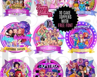 Pacchetto di 10 decorazioni per torte Kpop, pacchetto PNG di Huntrix, decorazioni per feste a tema K-Pop Demon Hunters, decorazioni modificabili per compleanni e cupcake, download digitale
