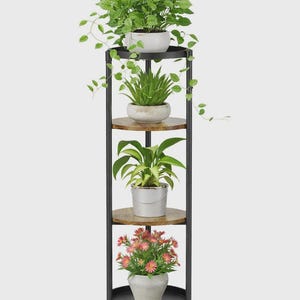 May include: A four-tiered black metal plant stand with round wooden shelves. Each shelf holds a different potted plant, including leafy green plants and flowering plants. The stand has a round base and is against a white background.