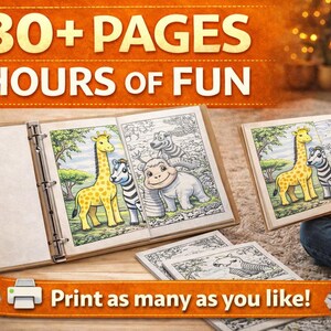 May include: Coloring book with the text "30+ PAGES HOURS OF FUN". The open book shows a giraffe, zebra, and hippo. A child is coloring a similar image. Crayons are visible.