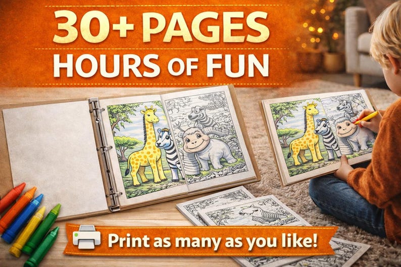 May include: Coloring book with the text "30+ PAGES HOURS OF FUN". The open book shows a giraffe, zebra, and hippo. A child is coloring a similar image. Crayons are visible.