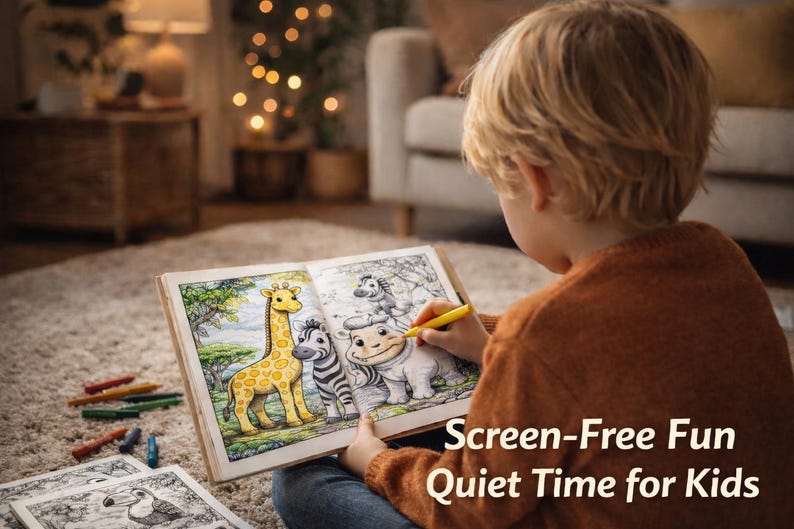 May include: A child coloring in a large coloring book with a giraffe, zebra, and hippo illustration. The book is open on a carpeted floor, with crayons scattered nearby. Text on the image reads "Screen-Free Fun Quiet Time for Kids."