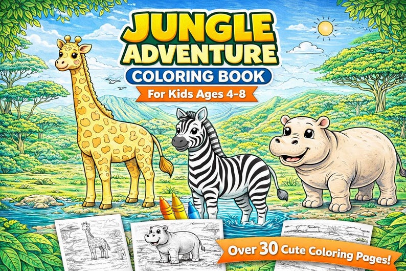 May include: A colorful children's coloring book titled "Jungle Adventure" with illustrations of a giraffe, zebra, and hippo. The cover includes the text "For Kids Ages 4-8" and "Over 30 Cute Coloring Pages!"