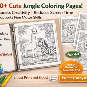 May include: A coloring book with jungle-themed illustrations, including a giraffe, zebra, lion, toucan, and hippo. The cover reads "30+ Cute Jungle Coloring Pages!" and promotes creativity, reduced screen time, and fine motor skills for ages 4-8.