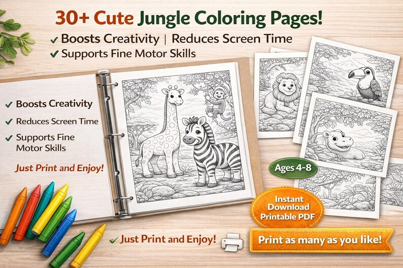 May include: A coloring book with jungle-themed illustrations, including a giraffe, zebra, lion, toucan, and hippo. The cover reads "30+ Cute Jungle Coloring Pages!" and promotes creativity, reduced screen time, and fine motor skills for ages 4-8.