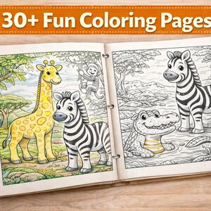 May include: Open coloring book with 30+ fun coloring pages featuring cartoon animals. The pages show a giraffe, zebra, monkey, and crocodile. The giraffe is yellow with brown spots, and the zebra has black and white stripes.