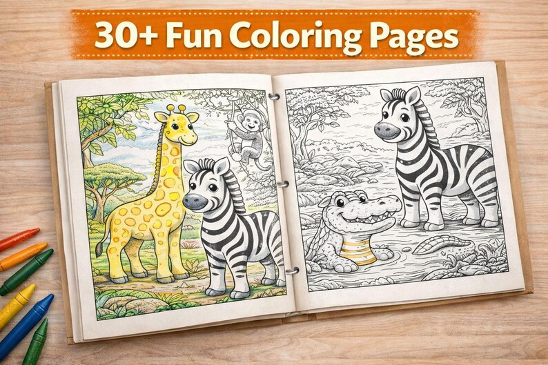 May include: Open coloring book with 30+ fun coloring pages featuring cartoon animals. The pages show a giraffe, zebra, monkey, and crocodile. The giraffe is yellow with brown spots, and the zebra has black and white stripes.