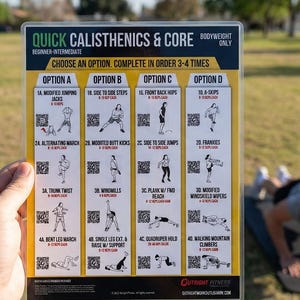 Peut inclure: Un guide d'entraînement plastifié rectangulaire intitulé QUICK CALISTHENICS & CORE. Le tableau présente quatre colonnes nommées Option A, B, C et D, contenant chacune des illustrations en noir et blanc d'exercices avec des QR codes.