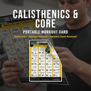 May include: A portable workout card for calisthenics and core exercises. The double-sided card is laminated and sweat-resistant. The card features exercise options for beginner to advanced levels. The text on the card reads "Calisthenics & Core" and "Portable Workout Card."