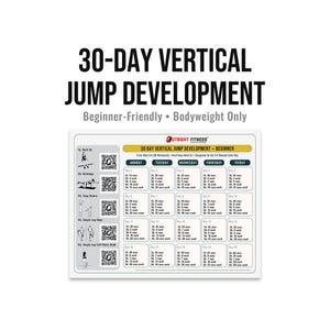 Könnte beinhalten: Ein weißes Fitness-Diagramm mit der Aufschrift "30-DAY VERTICAL JUMP DEVELOPMENT" und "Beginner-Friendly Bodyweight Only". Das Diagramm zeigt ein 30-Tage-Anfängerprogramm mit Übungen wie Wall-Sits und einbeinigen Hüpfern.