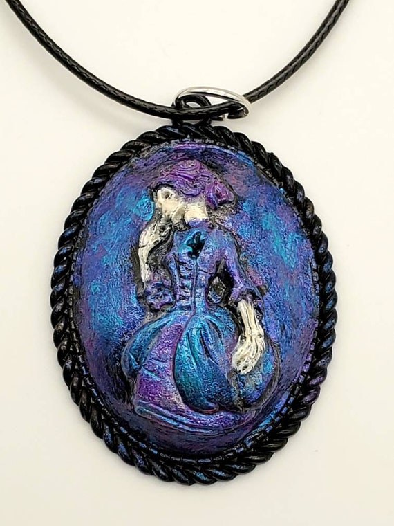Gothic Roses and Skull Pendant Necklace Polymer Clay Hand Sculpted on Velveteen Cord