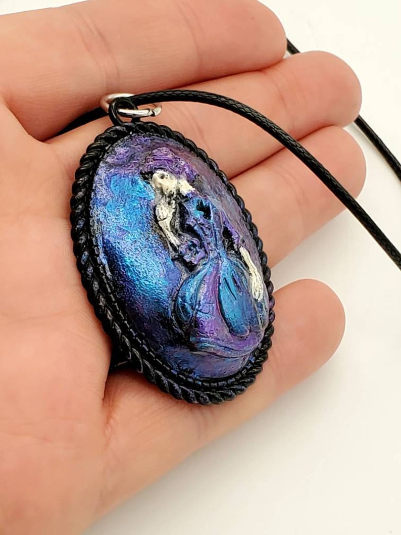 Gothic Roses and Skull Pendant Necklace Polymer Clay Hand Sculpted on Velveteen Cord