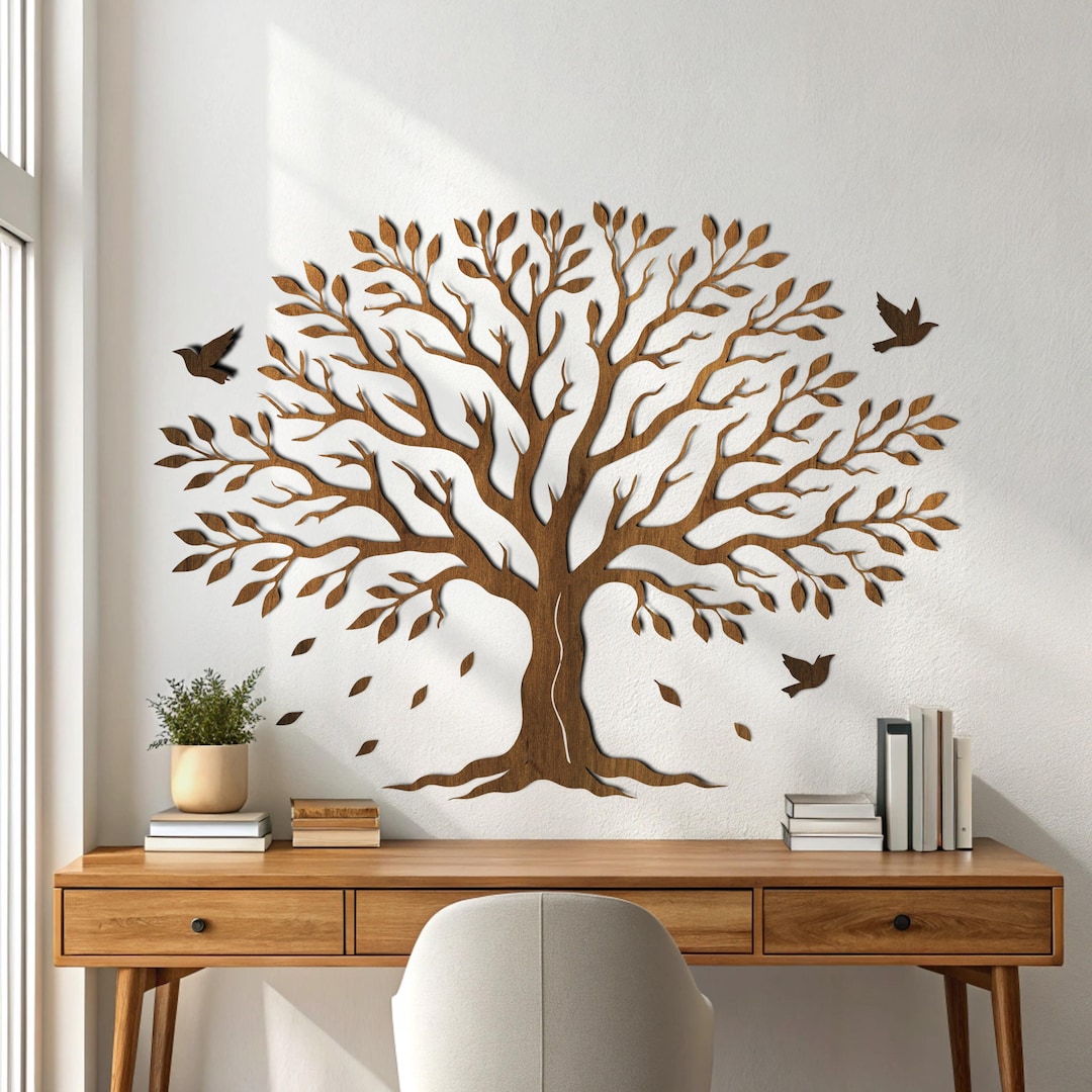Wall Decore Tree Large Tree Wall Decor, Tree With Birds Wall Art, Wooden Tree Wall Art ...