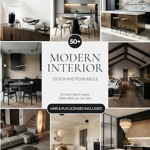 May include: A collage of modern interior design images. The central image features the text "MODERN INTERIOR STOCK PHOTO BUNDLE" with details about the image resolution and licenses. Surrounding images showcase various rooms, including kitchens, living rooms, and dining areas, with neutral color palettes.
