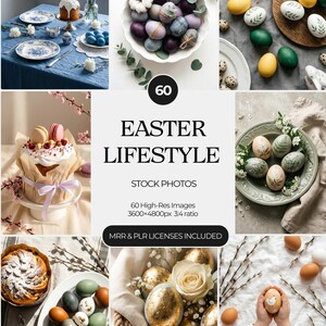 May include: A collage of Easter-themed stock photos featuring decorated eggs, baked goods, and table settings. The images showcase a variety of colors and styles, including pastel eggs, floral arrangements, and traditional Easter treats. The text in the image says "EASTER LIFESTYLE STOCK PHOTOS".