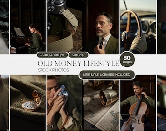 May include: A collage of images with an "Old Money Lifestyle" theme. The images include a person playing a piano, a camera, a man in a suit, a pocket watch, binoculars, and a person playing a cello. The text "OLD MONEY LIFESTYLE STOCK PHOTOS" is visible.