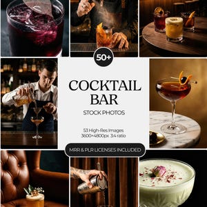 May include: A collage of cocktail bar stock photos. The images showcase various cocktails, bartenders, and bar settings. The text "COCKTAIL BAR STOCK PHOTOS" is displayed, along with details about the image resolution and licensing.