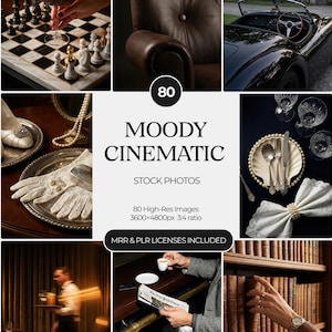 Può includere: Una collezione di foto d'archivio cinematografiche e malinconiche. Le immagini includono una scacchiera, un'auto d'epoca, una tavola apparecchiata e una persona che legge. Il testo sull'immagine dice "80 MOODY CINEMATIC STOCK PHOTOS".