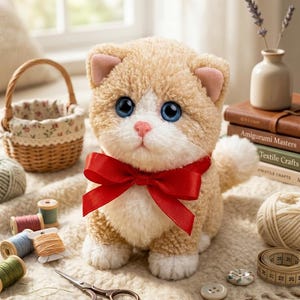 May include: A plush toy kitten with tan and white fur, large blue eyes, and a red bow. The kitten is sitting on a soft, textured surface, surrounded by sewing supplies, including spools of thread, buttons, and scissors. A small basket is in the background.
