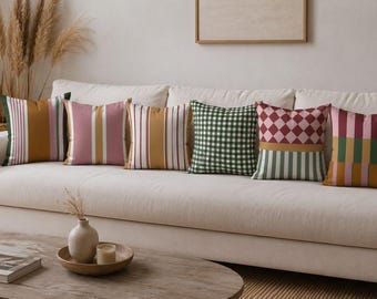 6er Set Gestreifte Gingham karierte Kissenbezüge, Dusty Pink Mustard Sofa Kissenbezüge