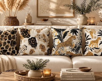Safari Leopard Kissenbezug, Dschungeltier Boho Dekokissen, Baumwolle Leinen Dekor