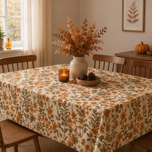 May include: A rectangular tablecloth featuring a repeating botanical pattern of orange flowers and green foliage on a cream background. The fabric drapes over a dining table, covering the surface with a dense, detailed floral print design.