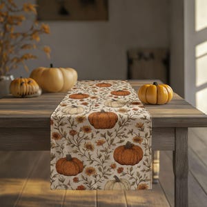 Peut inclure: Un chemin de table rectangulaire orné d'un motif répétitif de citrouilles orange et de petites fleurs brunes sur un fond crème. Le chemin de table en tissu est posé sur une table en bois, avec trois citrouilles décoratives sur la surface.