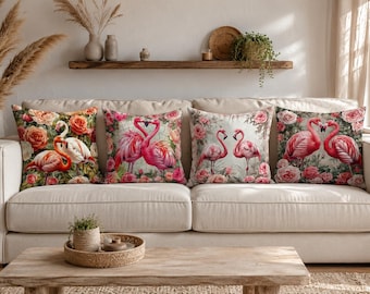 Flamingo Blumenkissenbezug, Tropisches Rosenkissen, Boho Cottage Decor