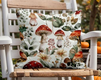 Mushroom Forest Pillow Cover: Autumn Botanical Woodland Cushion