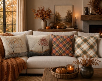 Herbstbaum-Plaid-Kissenbezüge, rustikales Bauernhaus-Kissenset