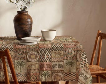 Boho Safari Tischdecke, ethnische Patchwork-Art-Tischabdeckung, Elefant-Palme-rustikales speisendes Dekor