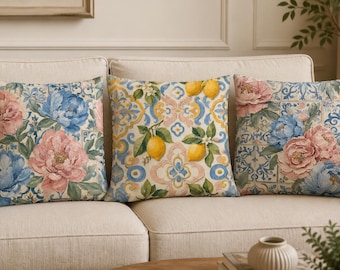 Mediterrane Blumenkissenbezüge, blau-rosa Pfingstrose, Zitronenfliesenkissen-Sofadekor