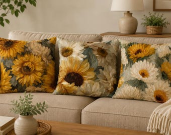 Sonnenblumen Blumenkissenbezüge, rustikales Bauernhauskissen, gelbes Gänseblümchendekor