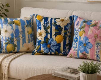Küsten Blumen Zitrone Kissenbezug, Landhaus Kissen mit Blauen Streifen, Sommer Sofa Dekor