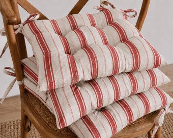 Cuscino per sedia in lino a righe rosse, cuscino trapuntato con lacci, decorazione per sala da pranzo e cucina in stile rustico.