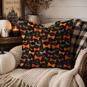 Orange Bow and Bat Pillow Cover: Black Gothic Halloween Pattern and Spooky Fall Decor