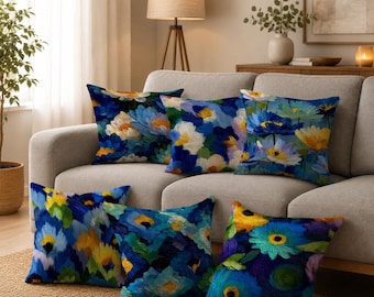 Blaue Blumen Kissenbezüge Set, Abstrakte Botanische Kissen, Modernes Sofakissen